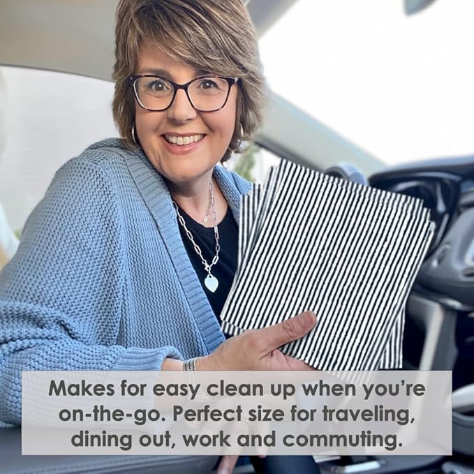 Disposable Bibs for Adults, Kids & Seniors | Adhesive Tab Napkins for Eating, Personal Use, Travel & Commuting | Spill Absorbent, Stain/Liquid Repellent | Blue Ticking 4 Count