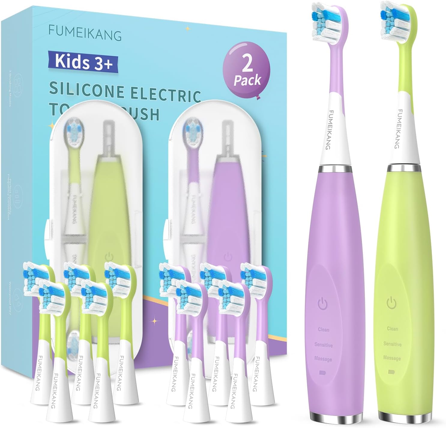Kids Electric Toothbrushes 2 Pack Smart Sonic Toothbrush for Boys and Girls 3 4 5 6 7 8 9 10 11 12 (Purple+Green, 2 Pack)