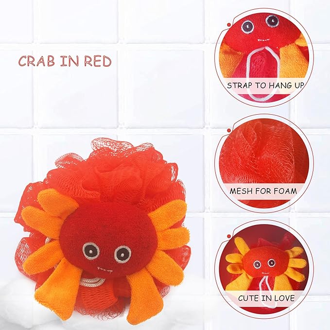 (4 Pack) Lovely Animal Design Kids Exfoliating Bath Scrubber Body Scrubber Shower Ball for Baby Toddler Kids Gentle Exfoliating Bath Sponge Loofah Pouf in Colorful Design