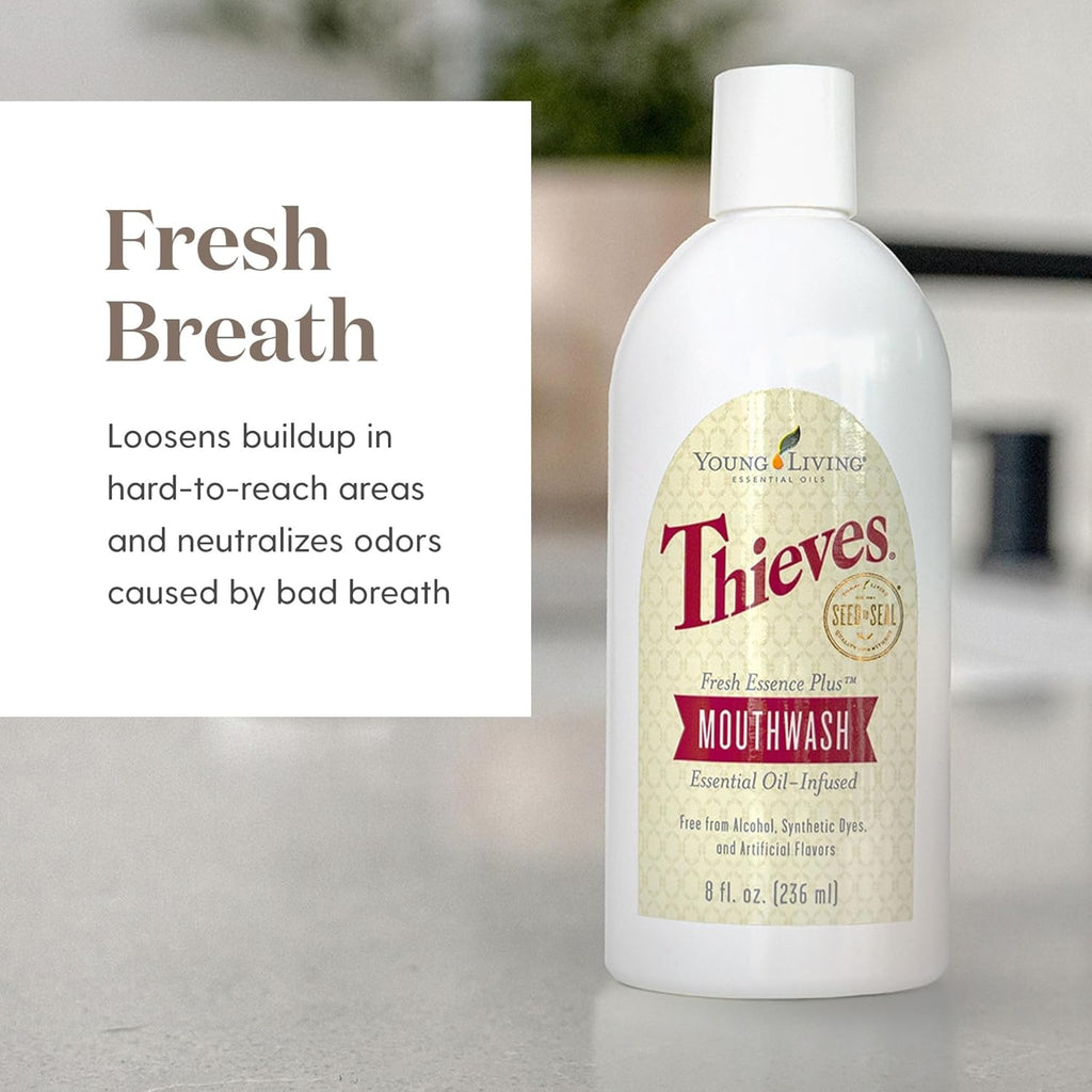 Young Living Thieves Fresh Essence Mouthwash | Alcohol-Free 8 fl oz Mouthwash Infused with Essential Oils | Gentle, Refreshing Oral Care for Long-Lasting Fresh Breath & Healthy-Looking Smile