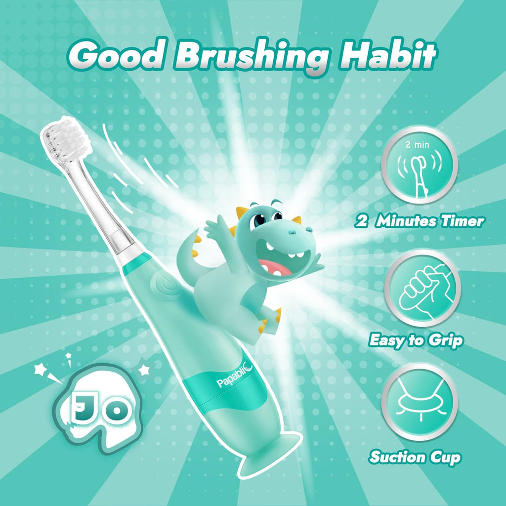 Papablic Toddler Sonic Electric Toothbrush Kids for Ages 1-3 Years, Baby Electric Toothbrush with Cute Dino Cover and Smart LED Timer, 4 Brush Heads (Jo)