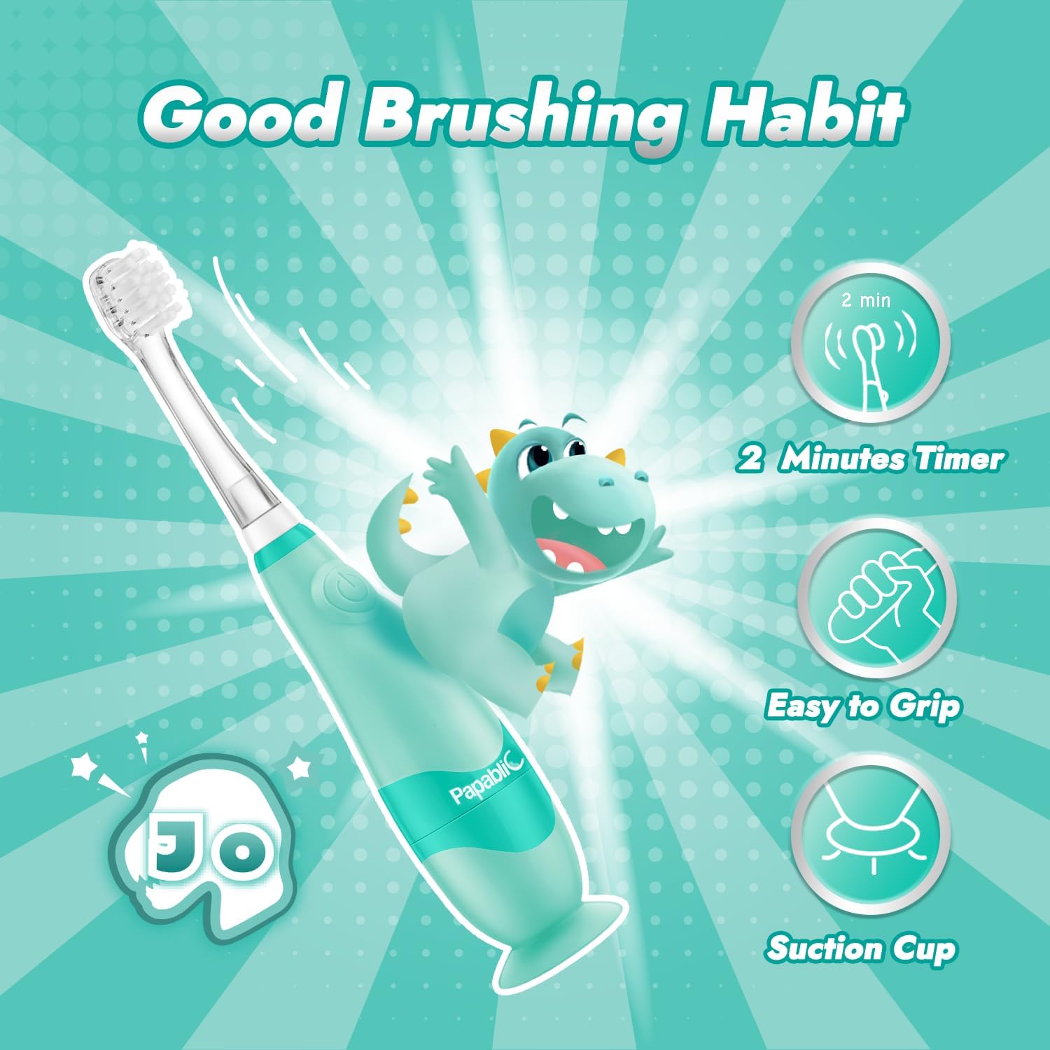 Papablic Toddler Sonic Electric Toothbrush Kids for Ages 1-3 Years, Baby Electric Toothbrush with Cute Dino Cover and Smart LED Timer, 4 Brush Heads (Jo)