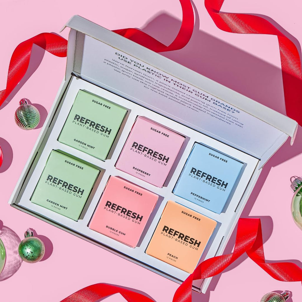 Refresh Gum, Xylitol, Natural, Sugar Free, Plastic Free, Organic Ingredients, Non GMO, Peppermint, Garden Mint, Bubble Gum, Peach & Raspberry Variety Pack, 12 Pcs, 6 Pack