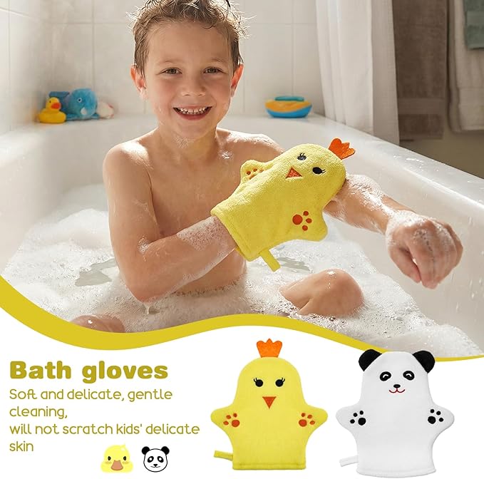 2PCS Baby Bath Mitt Washcloths Gloves Panda Chicken Toddler Soft Washcloths for Kids Designed in Cute Animal Towel Gentle Scrub for Baby Girl Boy Bath Shower