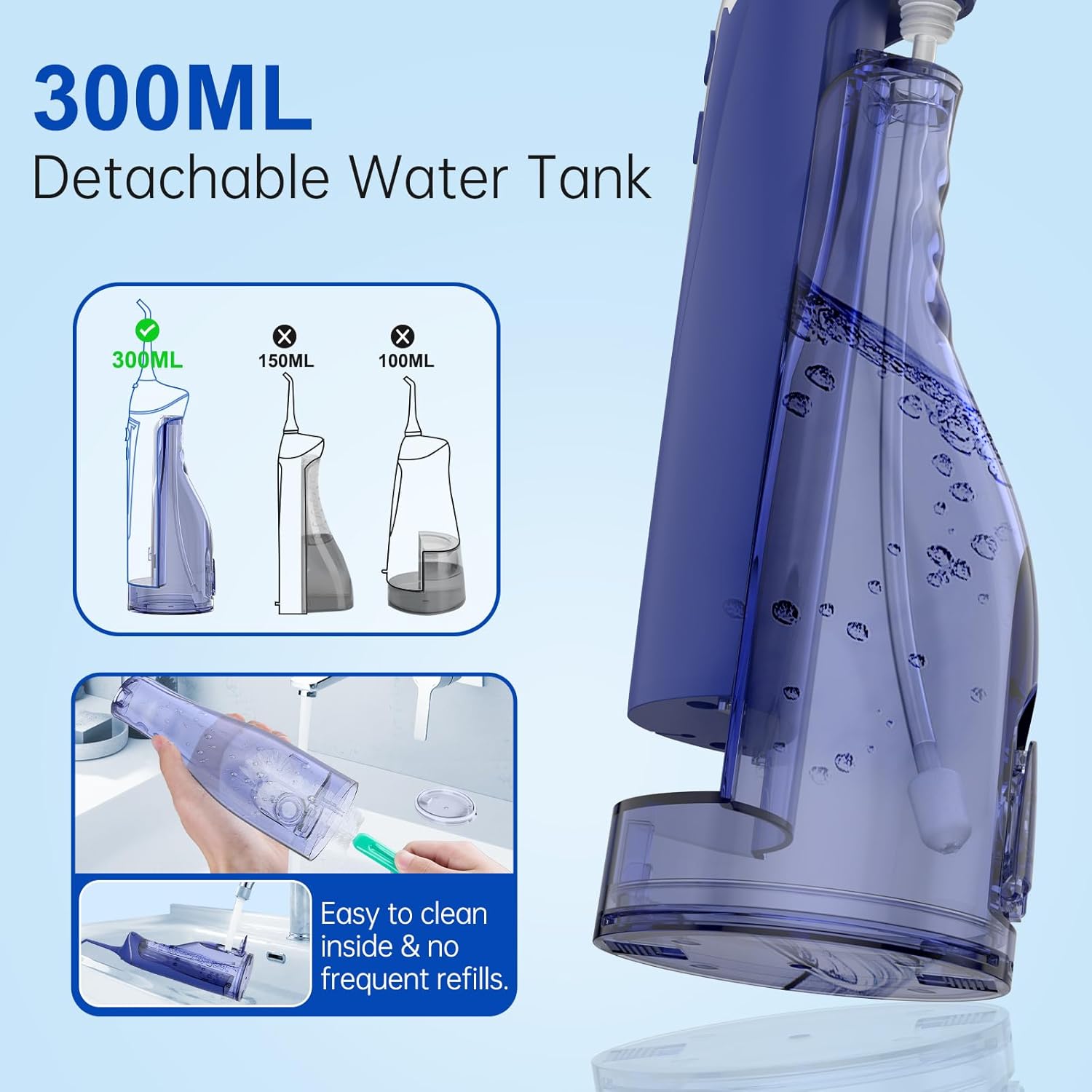Water Dental Flosser Pick for Teeth: Cordless Rechargeable Oral Irrigator - 4 Modes IPX7 Waterproof 300ML Removable Tank Electric Dental Flossing Machine for Braces, Travel & Home Use (Dark Blue)