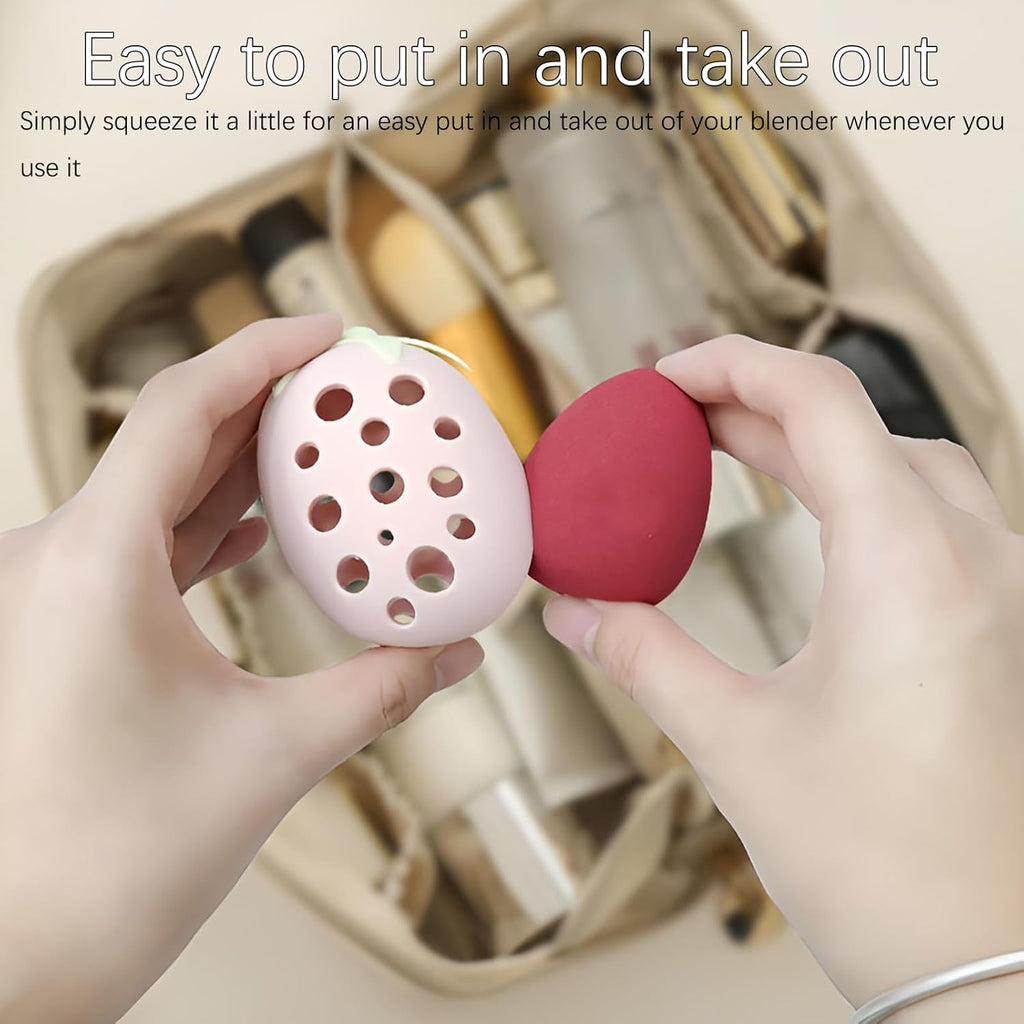 2PCS Makeup Sponge Holder for Women–Cute Strawberry Shaped Makeup Blender Holder,Double-Sided Breathable Silicone Case for Travel or Daily Use
