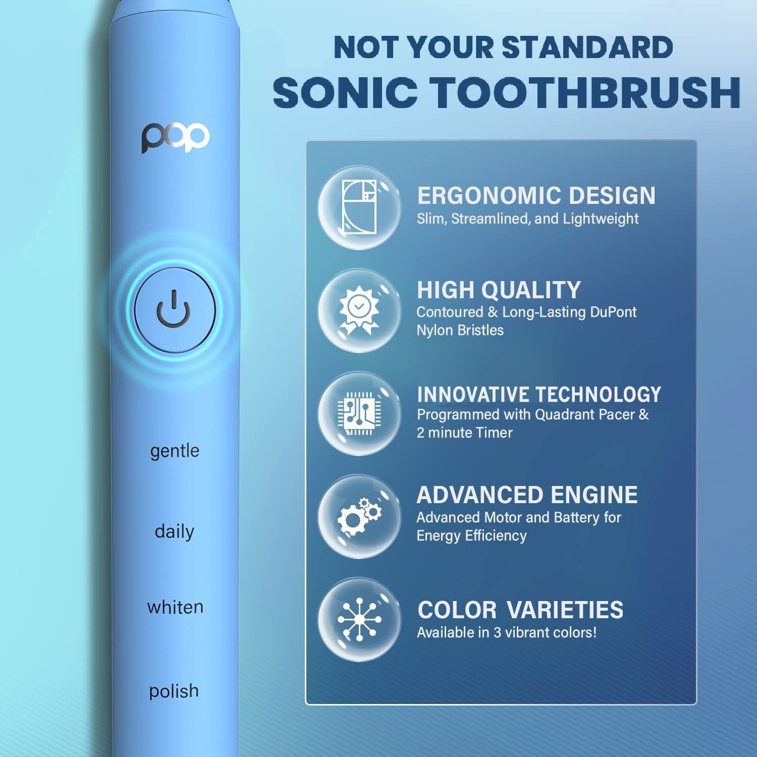 Pop Sonic Pro 2.0 Electric Toothbrush (Blue) Rechargeable Sonic Toothbrush with 45,000 Vibrations Per Minute & 4 Cleaning Modes for Adults & Kids with Long Lasting Dupont Nylon Bristles