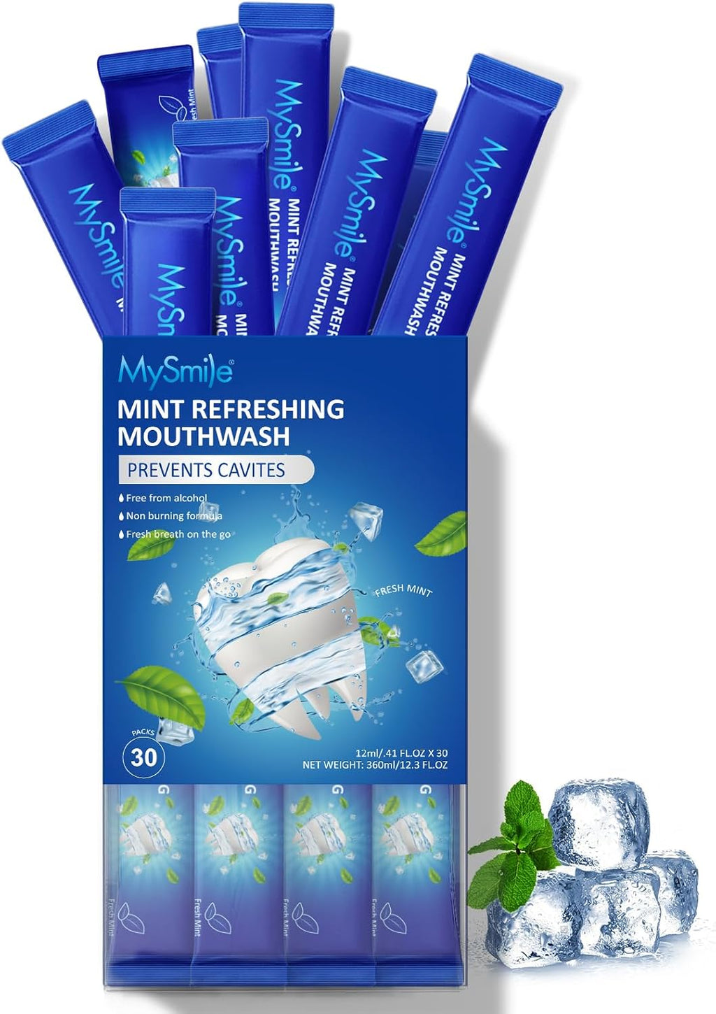 MySmile Mouthwash Alcohol Free, Mouth Wash for Adults, Travel Mouthwash, Oral Rinse Helps Kill 99% of Bad Breath Germs, Prevents Cavities, Fluoride Free, Fresh Mint, 30 Uses