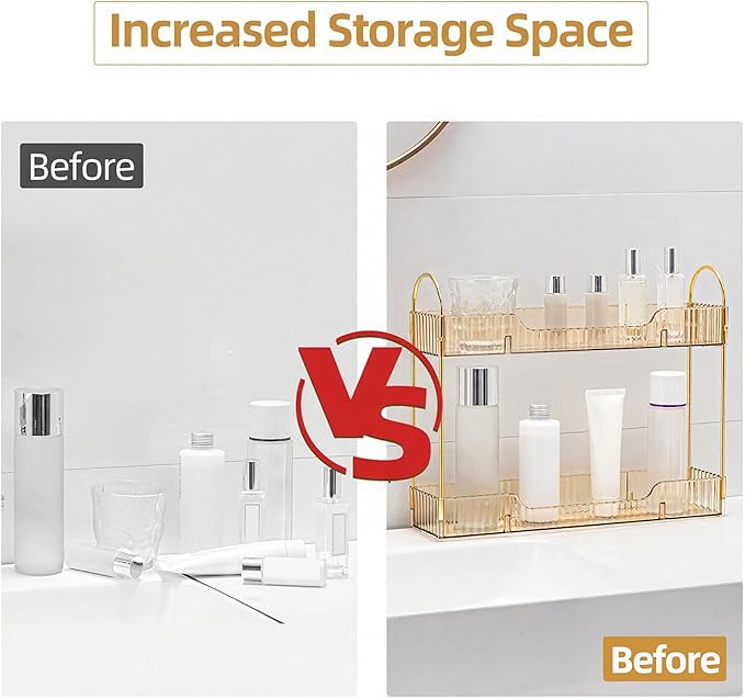 YCIA&DONE 2 Tiers Narrow Vanity Makeup Organizer, Bathroom Organizers Countertop Slim, Perfume Holder Skincare Storage Cosmetic Shelf Spice Rack, for Small Desktop Counter Space, Amber Gold