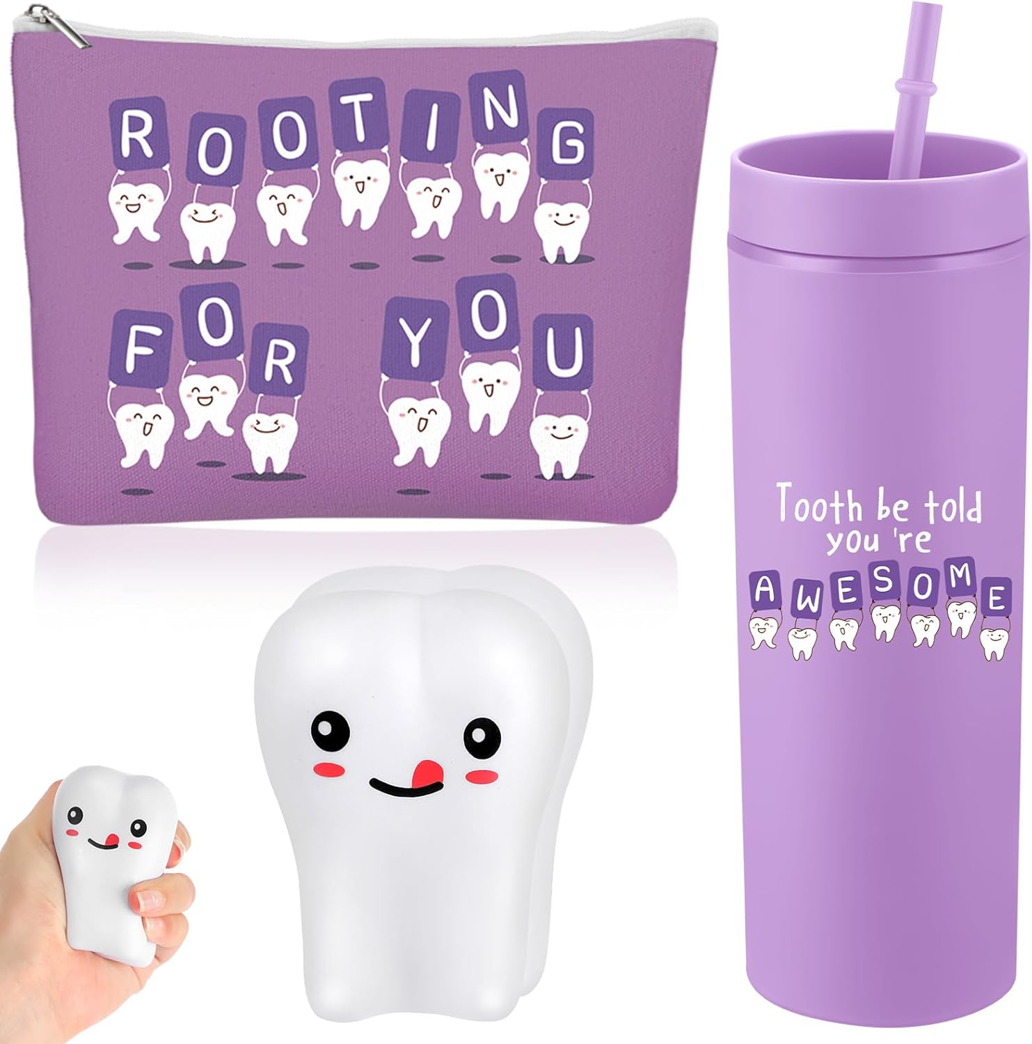 Skylety 3 Pcs Dental Hygiene Month Gifts Dental Assistant Hygienist Appreciation Gift 16oz Tumbler with Lid Cute Teeth Makeup Bag Stress Toy Employee Thank You Dentist Coworker Nurse Student(Purple)