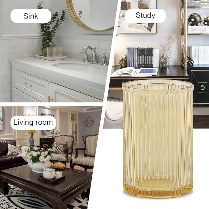 Toothbrush Holders for Bathrooms, 2pcs Glass Toothbrush Holder, 12oz Bathroom Tumbler and Mouthwash Cup, Tooth Brush and Toothpaste Organizer for Bathroom Vanity Countertop (Amber Gold)