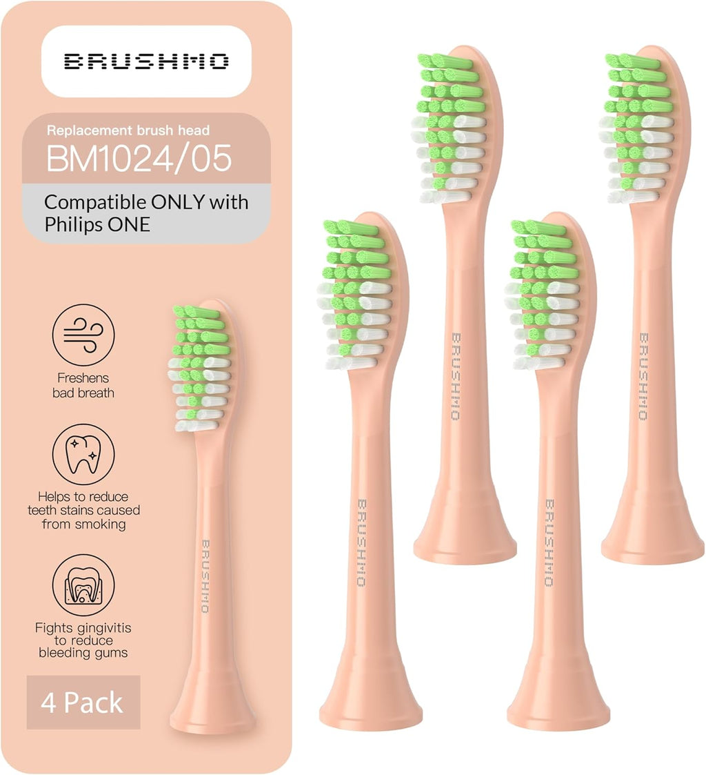 Brushmo Replacement Toothbrush Heads, Compatible with Philips One for Sonicare Electric Toothbrush Handles HY1022, 4 Standard Heads with Tongue Cleaner, Soft DuPontBristles, BM124m, Shimmer