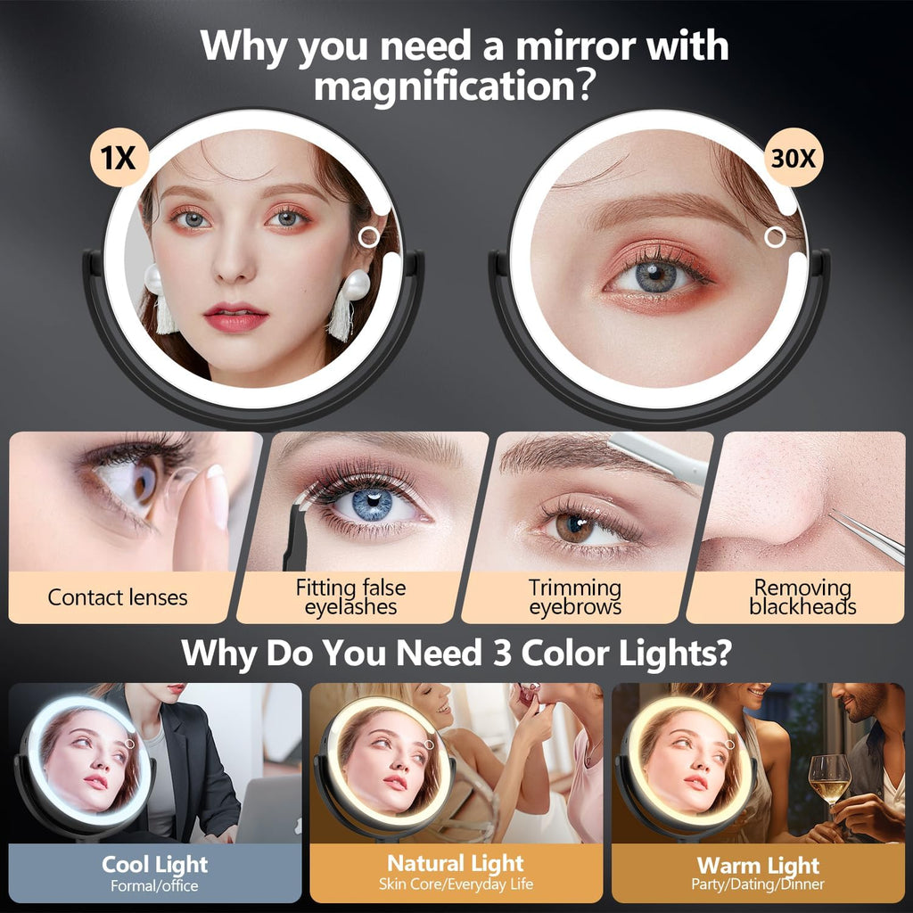 MIYADIVA Makeup Mirror with Lights, 30X Magnifying Mirror with Light and Touch Switch, Vanity Mirror with 3 Color Light and 80 LEDs, Height Adjustable Desk Mirror with Lights, Black