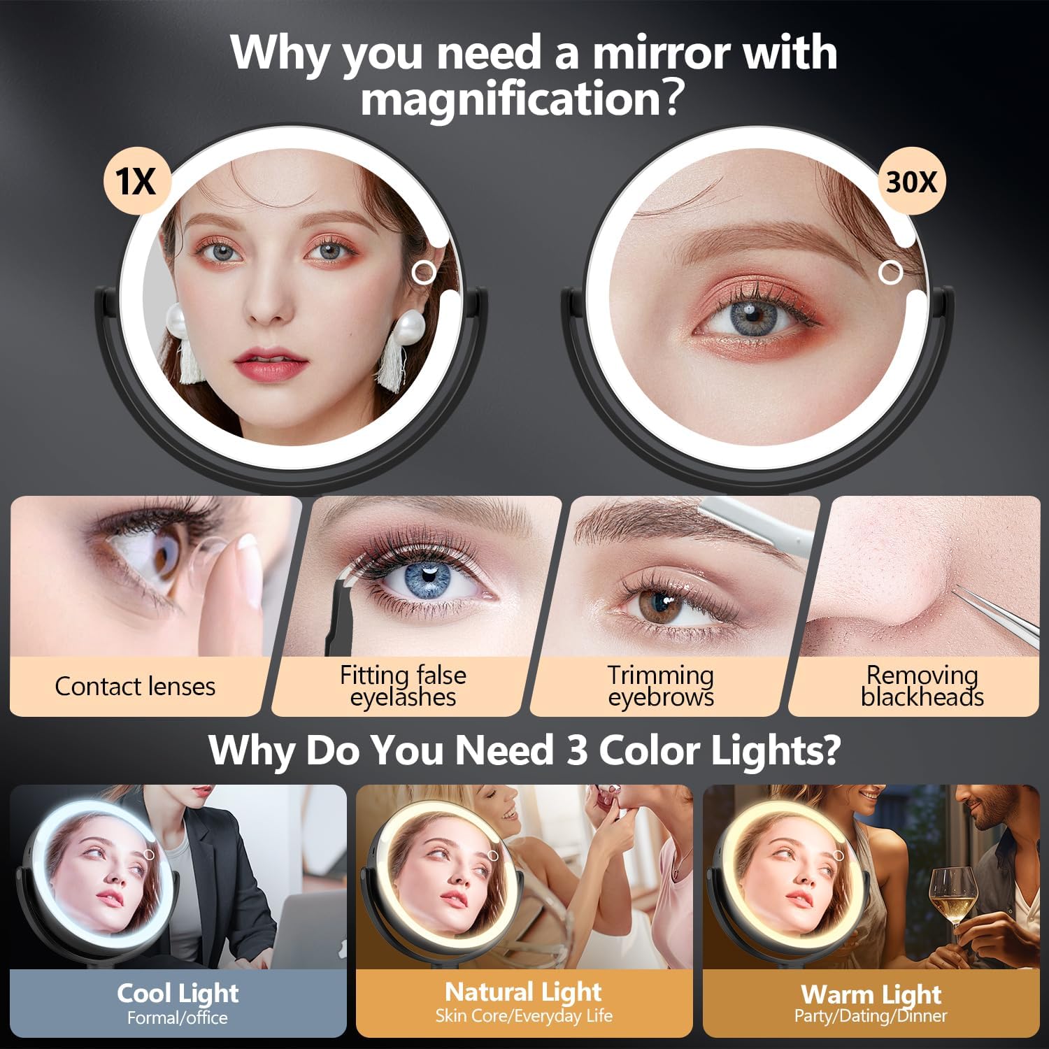 MIYADIVA Makeup Mirror with Lights, 30X Magnifying Mirror with Light and Touch Switch, Vanity Mirror with 3 Color Light and 80 LEDs, Height Adjustable Desk Mirror with Lights, Black