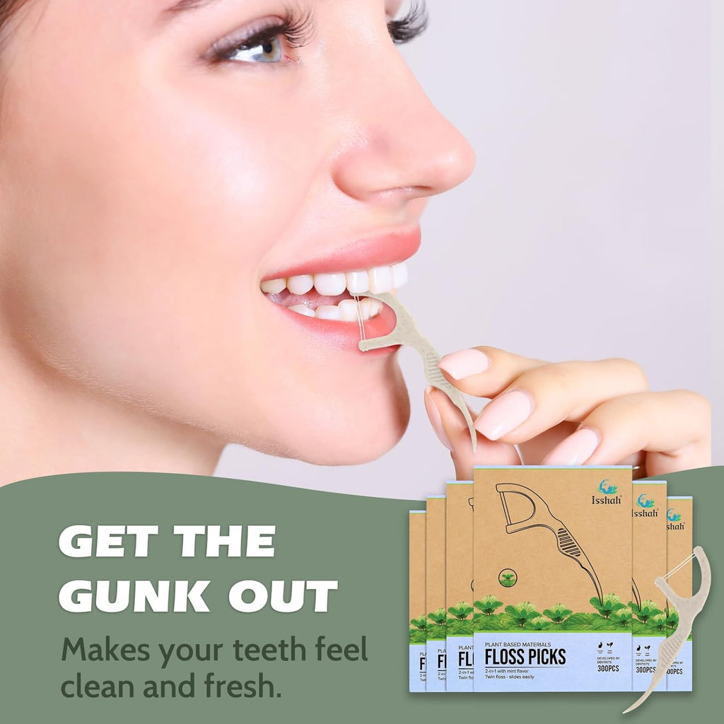Natural Dental Floss Picks (300 Count) - Kraft Paper Box Packaging, Plant Based, PETA Approved Vegan, Eco Friendly, Sustainable Dental Flossers - Twin Floss (Mint)