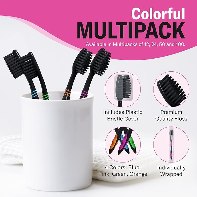 Charcoal Toothbrushes - Deep Clean Charcoal Soft Bristle Toothbrush - Multi Colored - Individually Wrapped - with Covers, for Travel, Kids, Family, Dental Care 12 Pack