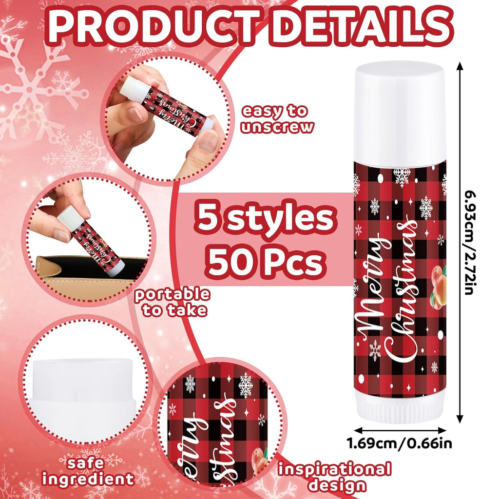Dunzy 50 Pcs Christmas Lip Balm Bulk Red and Black Buffalo Plaid Christmas Gift for Women Moisturizing Lip Care Product for Seasonal Winter Holiday Xmas Party Gift