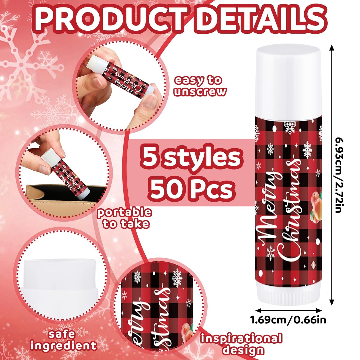 Dunzy 50 Pcs Christmas Lip Balm Bulk Red and Black Buffalo Plaid Christmas Gift for Women Moisturizing Lip Care Product for Seasonal Winter Holiday Xmas Party Gift