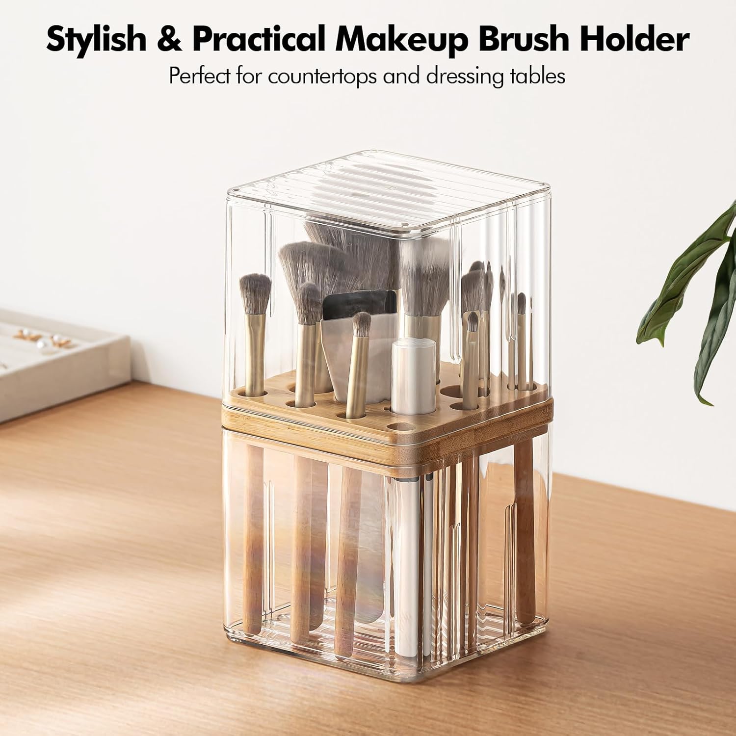 Poeland Makeup Brush Holder, Cosmetic Brush Organizer with 16 Holes and Lid, Makeup Holder for Makeup Brush