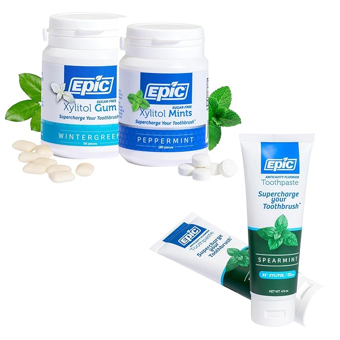 Epic Dental Sugar Free Oral Care Set – 50-Piece Wintergreen Gum, 180 Peppermint Mints, 2 Tubes Spearmint Fluoride Toothpaste – Aspartame Free, Dentist Approved, Helps with Dry Mouth & Cavity Care