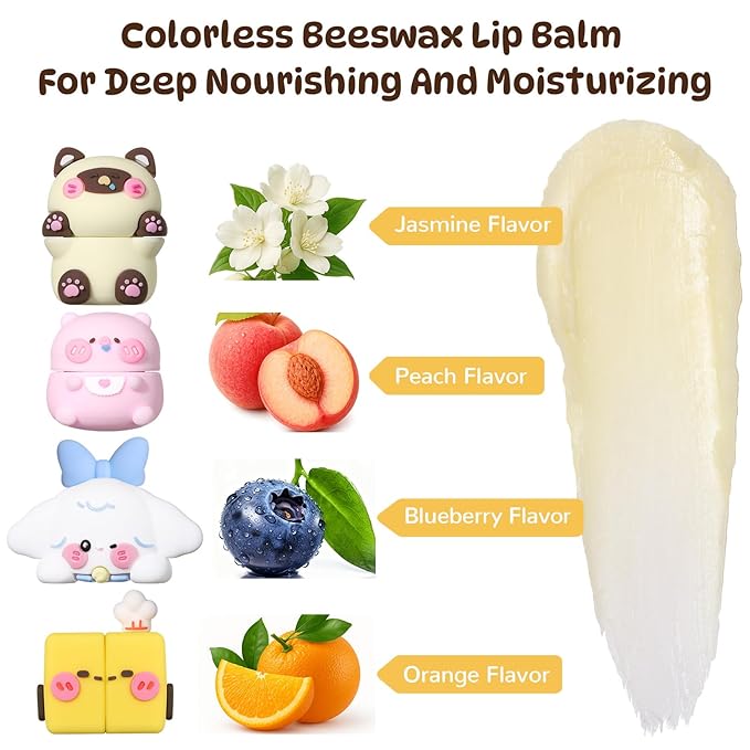 Cloud Comfort Lip Balm - 4 Tubes Fruit-flavored Moisture Lip Balms, Blueberry, Jasmine, Orange, and Peach Flavors, 3-in-1 Repairs Lip Damage Caused by Dryness, Makeup and UV Rays