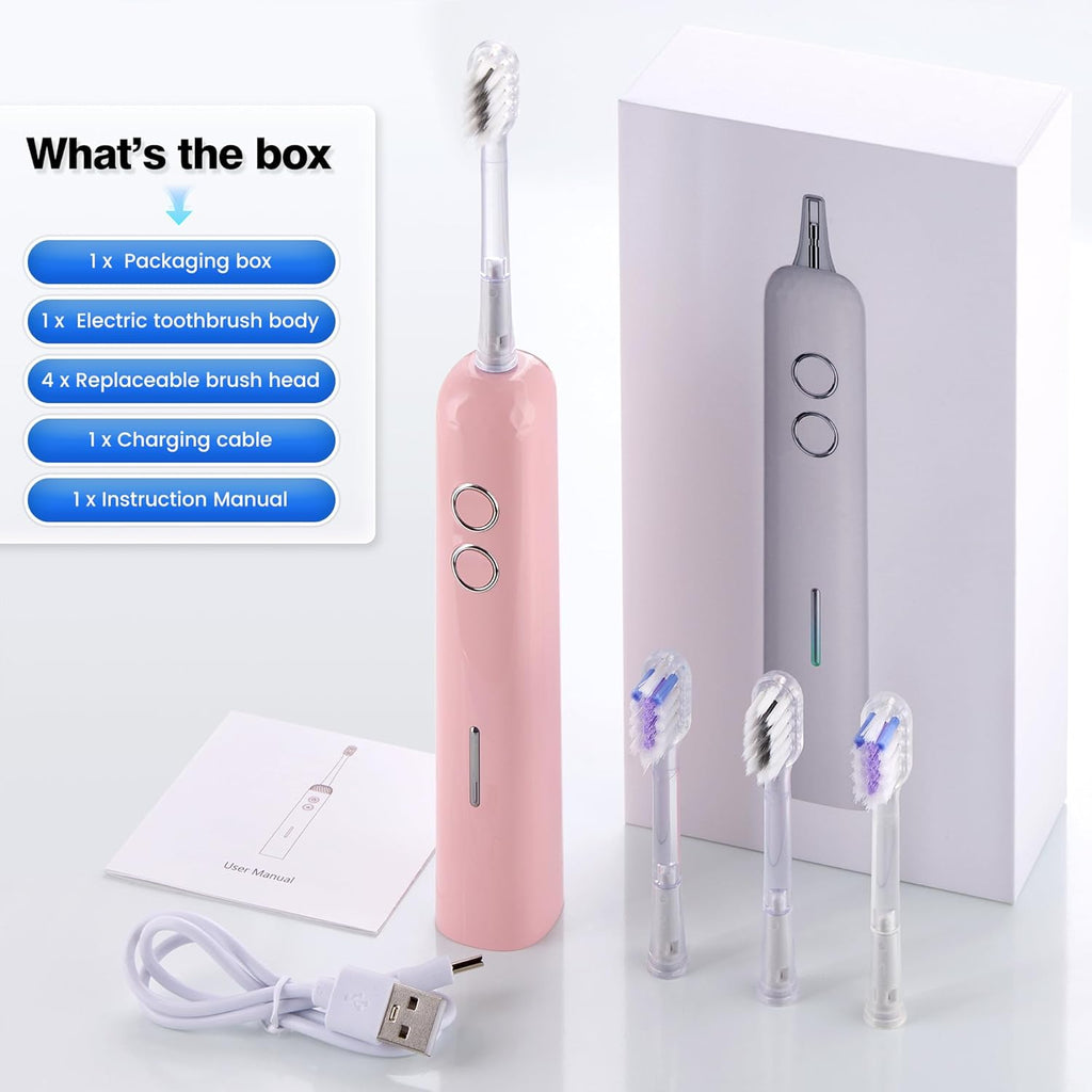 Electric Toothbrush for Adults Sonic Vibration Deep Mouth Cleaning Teeth Whitening Free 4 Toothbrush Heads Super Soft Bristles 3 Modes 90 Days Lifespan IPX7 Waterproof (Color Available)
