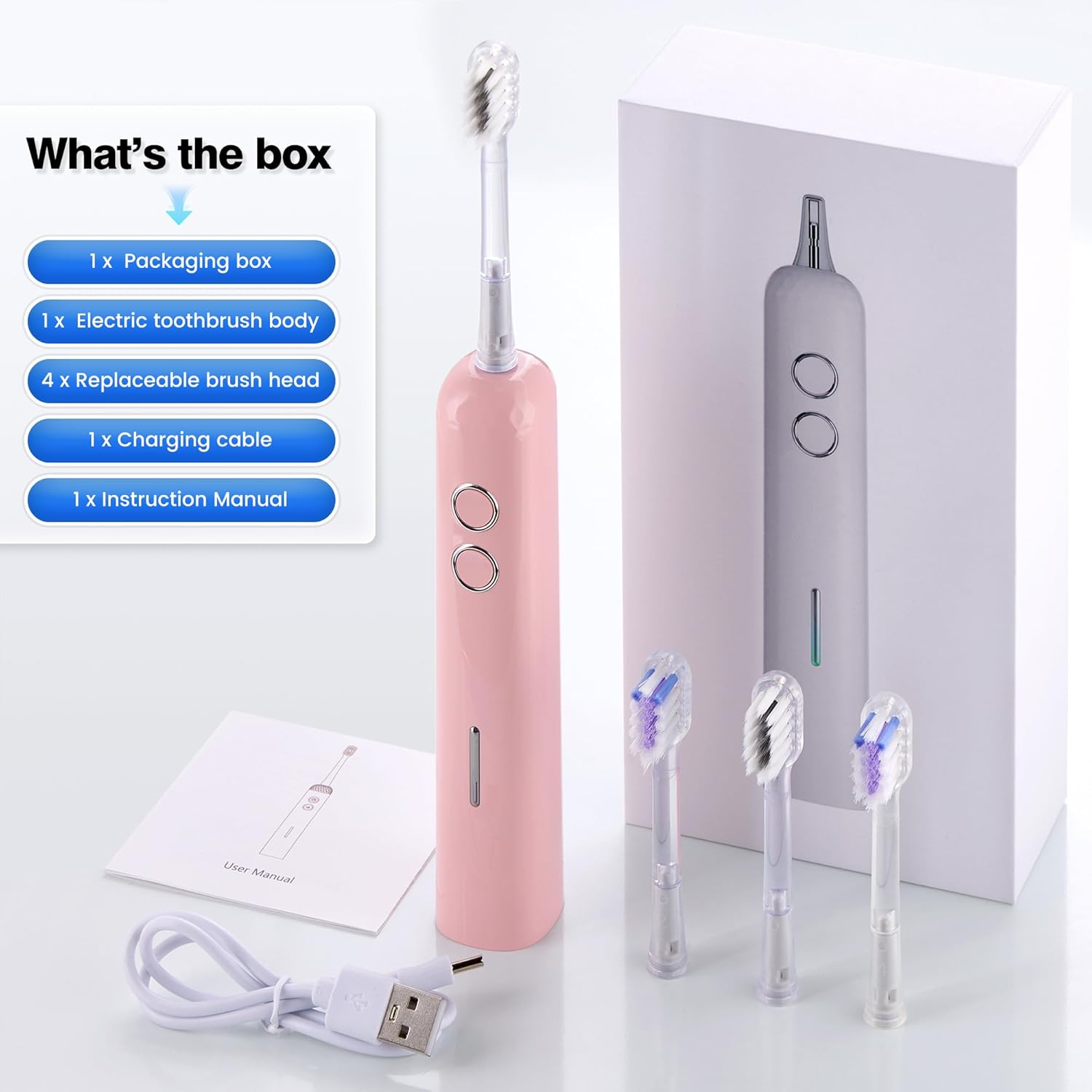 Electric Toothbrush for Adults Sonic Vibration Deep Mouth Cleaning Teeth Whitening Free 4 Toothbrush Heads Super Soft Bristles 3 Modes 90 Days Lifespan IPX7 Waterproof (Color Available)