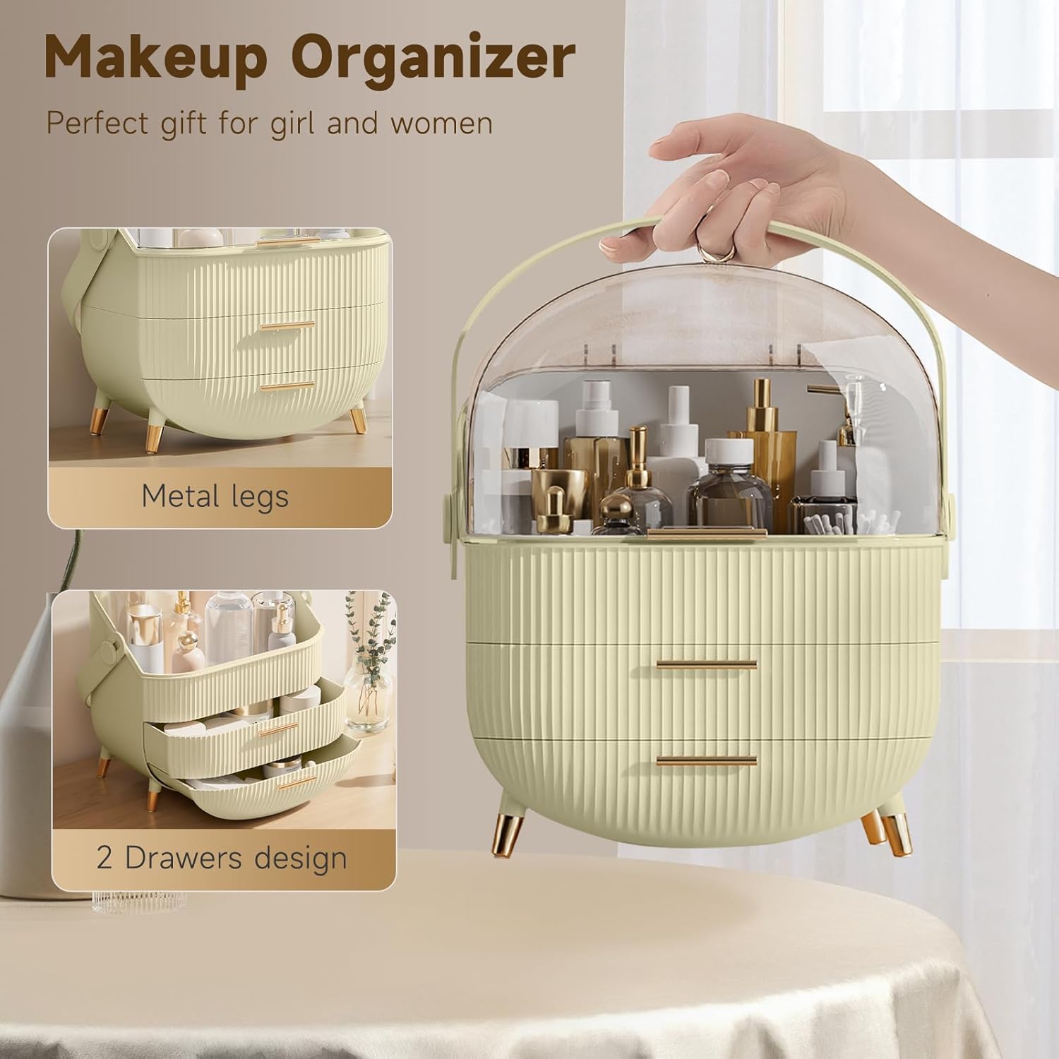 Makeup Organizers, Make Up Organizer for Vanity, Countertop Cosmetic Storage with Drawers and Transparent Cover for Bedroom Bathroom, Maize-yellow