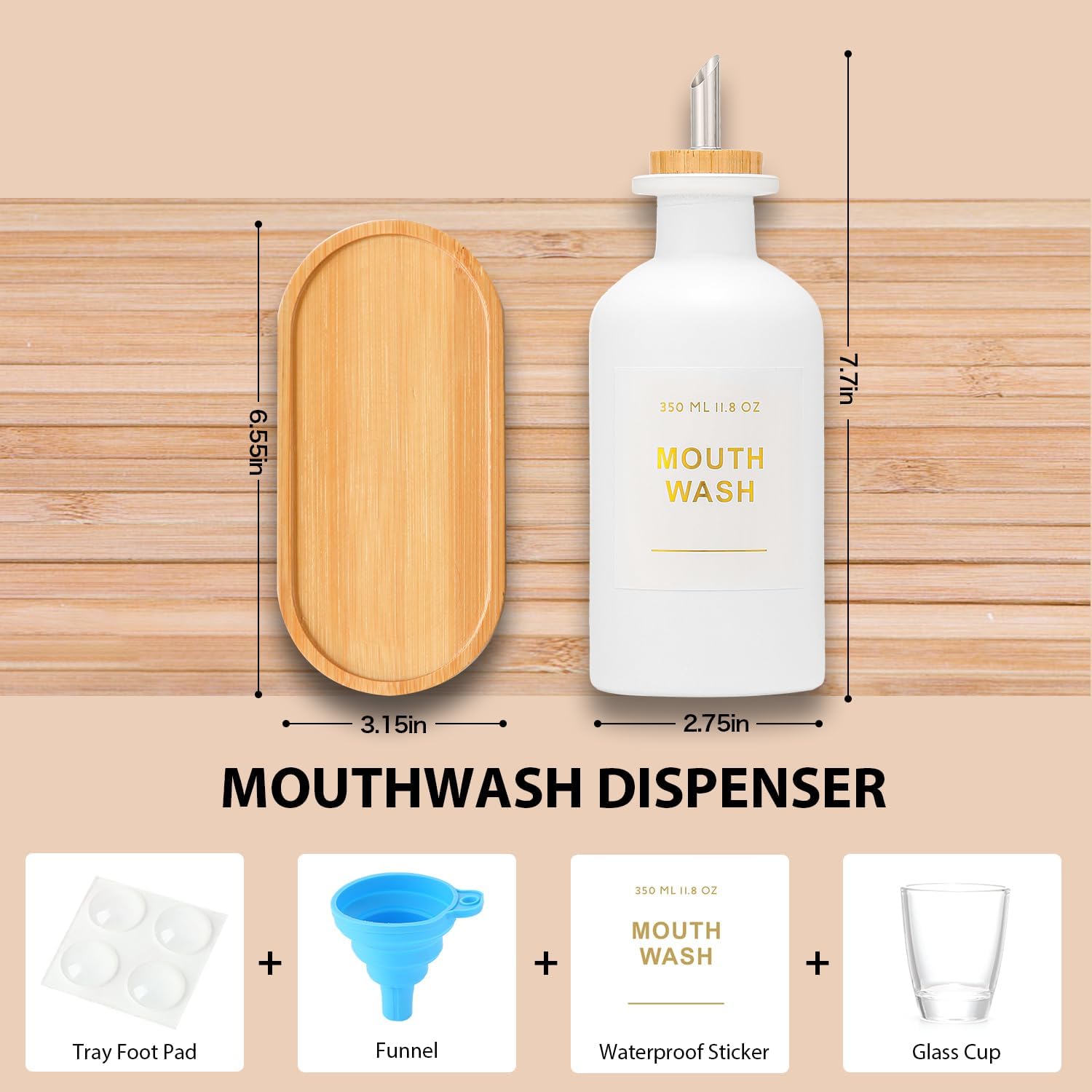 11.8OZ Mouthwash Dispenser for Bathroom with Bamboo & Stainless Steel Pour Spout, Mouthwash Cups Reusable, Bamboo Tray, and Elegant Gold Label. Set of 2（White
