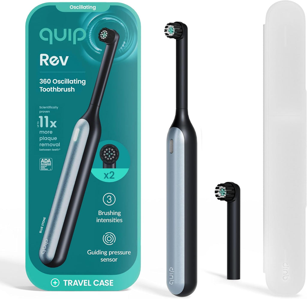 Quip Rev 360 Oscillating Rechargeable Electric Toothbrush with Extra Brush Head - Soft Bristles, Pressure Sensor, 3 Intensities, 30-Day Battery, 2-Min Timer, Travel Case, Mirror Mount - Blue Stone
