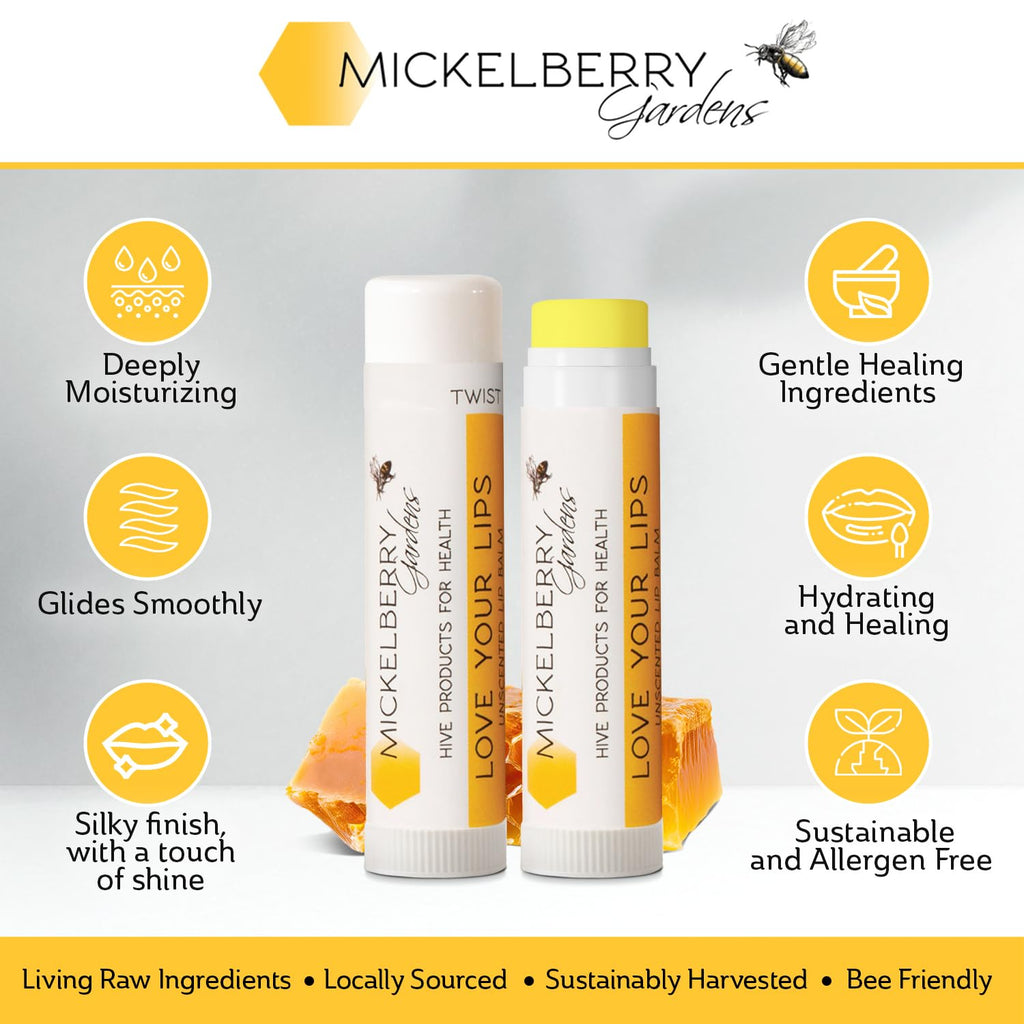 Mickelberry Gardens Love Your Lips All-Natural Organic Beeswax Lip Balm – Hydrating, Healing, and Moisturizing Chapstick for Men, Women, and Kids (2 Pack, Clear)