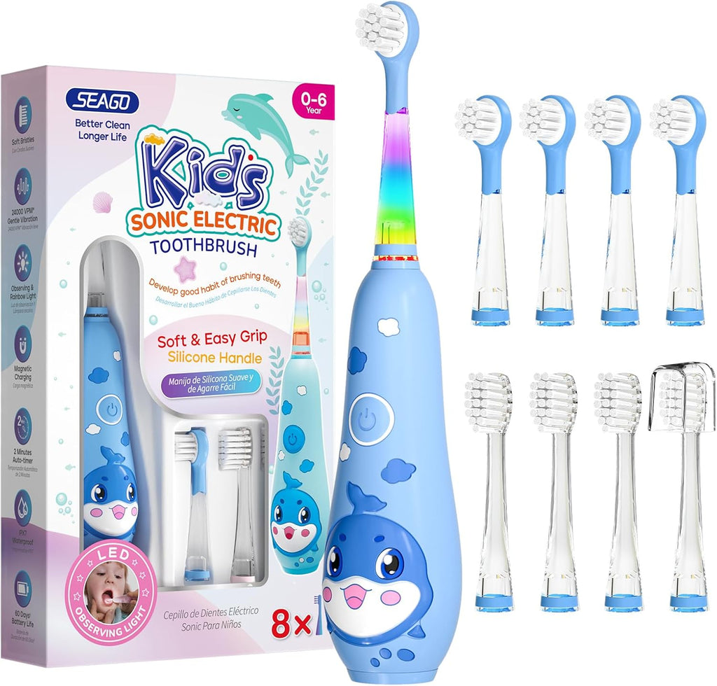 SEAGO Kids Electric Toothbrushes Rechargeable, Toddler Electric Toothbrush with Magnetic Charging, LED Observing Light, 8 Toothbrush Heads for Ages 2-4-6 Boys Girls (Navy Blue)