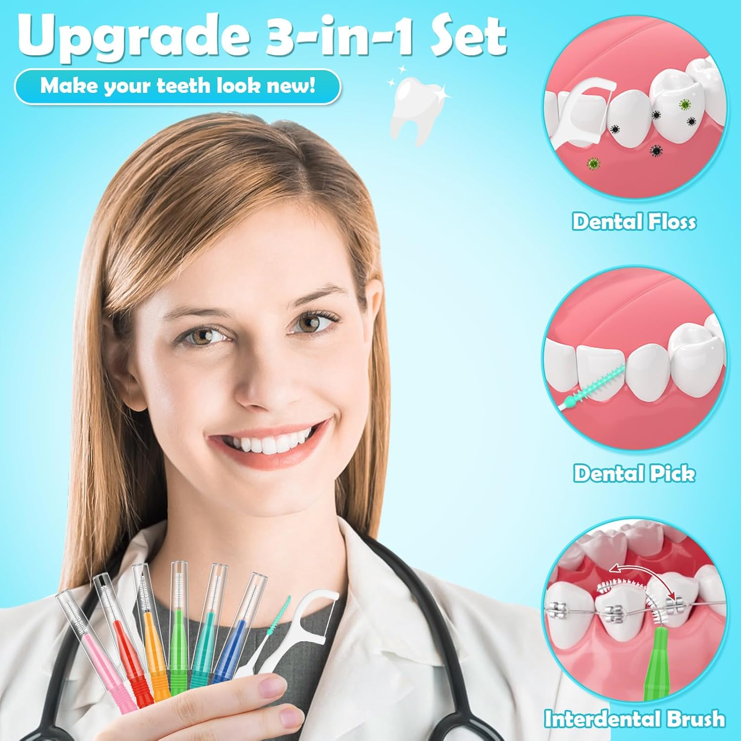 450 PCS Interdental Brushes Dental Floss Picks for Teeth Cleaning with Soft and Bendable Bristles Efficient Orthodontic Braces Oral Care Tooth Picks Flossers Cleaning Tools