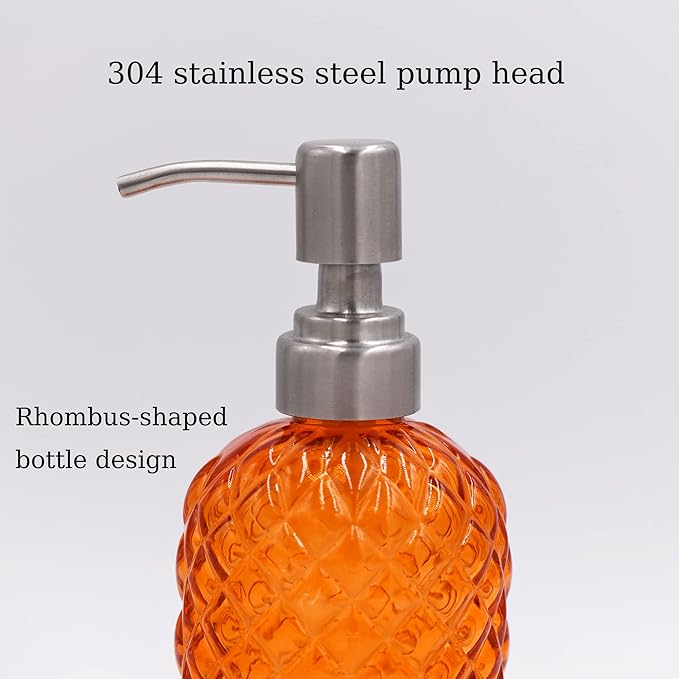 16 oz Diamond Pattern Glass Soap Dispenser, Kitchen and Bathroom Refillable Soap Dispenser with Rust Resistant Stainless Steel Pump for Hand Soap, Lotion Glass Liquid Dispenser (Orange)