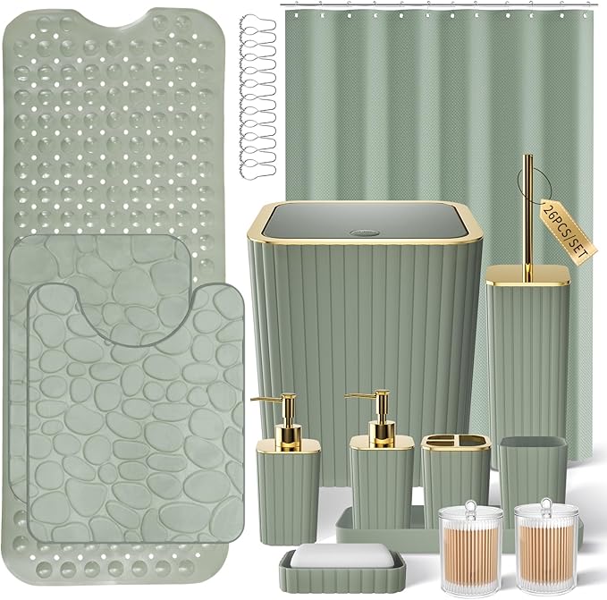 26PC Bathroom Accessories Set - Gorgeous Sage Green Bathroom Set, Bathroom Accessory Set, Shower Curtain Set with Bathtub Mats for Shower Tub, Trash Can & Soap Dispenser