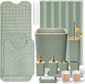 26PC Bathroom Accessories Set - Gorgeous Sage Green Bathroom Set, Bathroom Accessory Set, Shower Curtain Set with Bathtub Mats for Shower Tub, Trash Can & Soap Dispenser