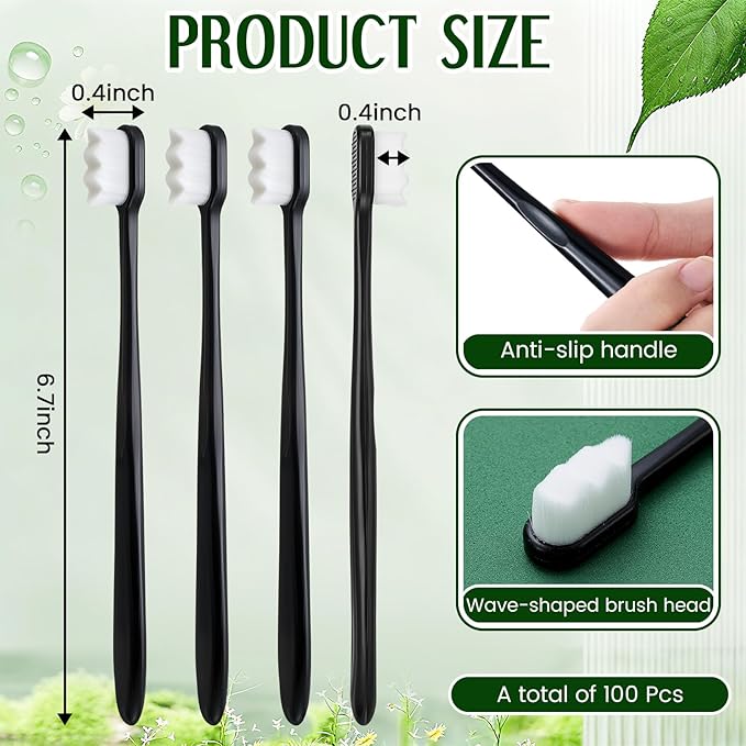 100 Pcs Nano Toothbrush 6.7" Micro Fur Extra Soft Bristle Wavy Head for Adults, Gentle for Sensitive Gums & Recession, Oral Care(Black & White)
