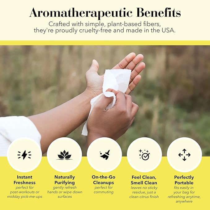 Herban Essentials - Lemon Wipes & Towelettes - Essential Oil Wipes for Make Up, Hands, Face & Body - Travel Size Essentials & Toiletries - Natural, Individually Wrapped, Disposable & Moist (20 count)