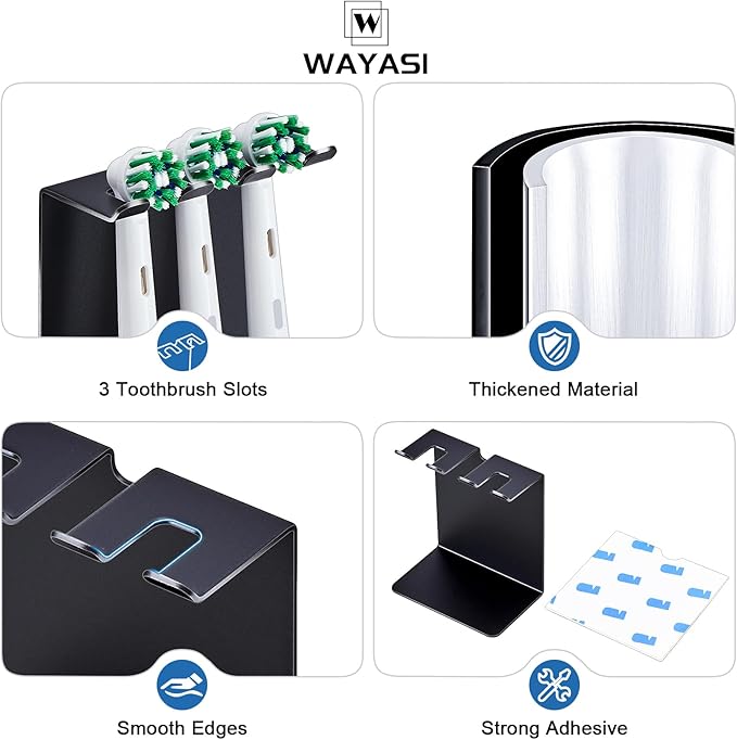 Electric Toothbrush Head Holder, Tooth Brushing Holder, Wall Mounted Toothbrush Holders Shower Bathroom, Self Adhesive or Desktop Tooth Brush Holder Organiser (Black, Small)