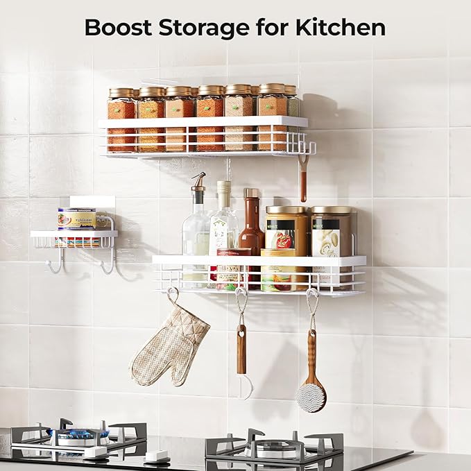 Orimade Adhesive Shower Caddy Soap Dish Holder Shelf with 5 Hooks Bathroom Organizer Basket Kitchen Storage Rack Wall Mounted No Drilling Stainless Steel - 3 Pack, White