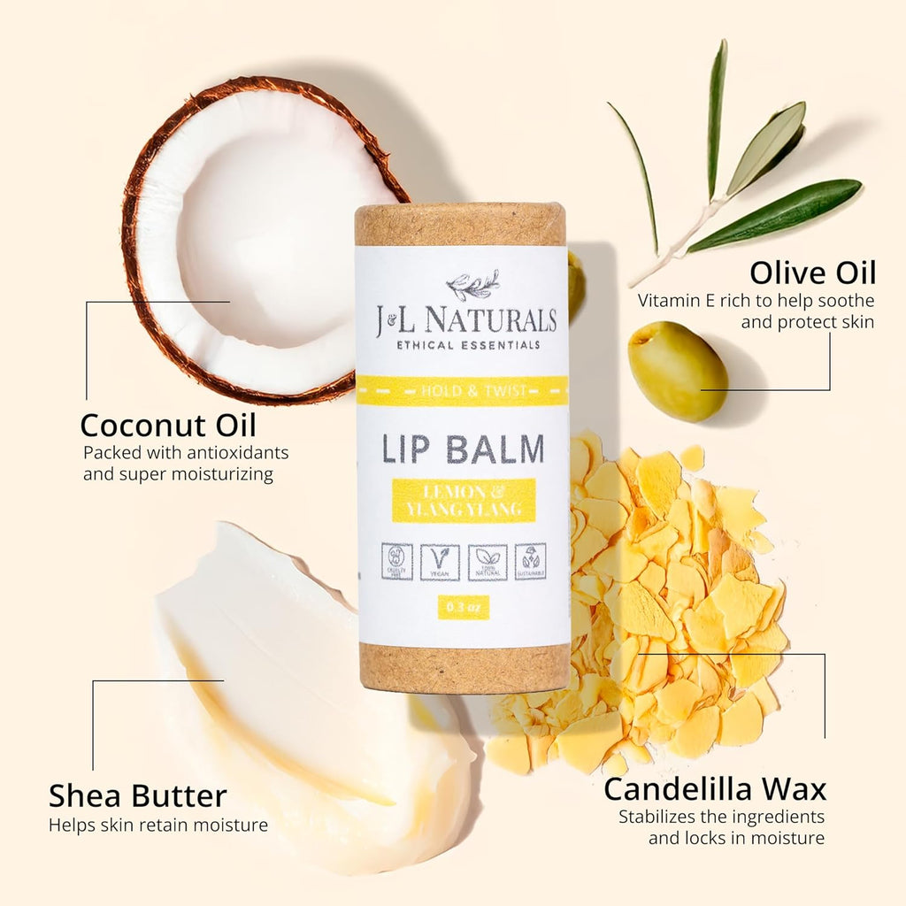 J&L Naturals Sustainable Lip Balm | Organic Ingredients, 100% Natural, Eco-Friendly | Cruelty Free, Vegan, Paraben Free, Silicone Free (Lemon & Ylang Ylang, 2-Piece Duo)