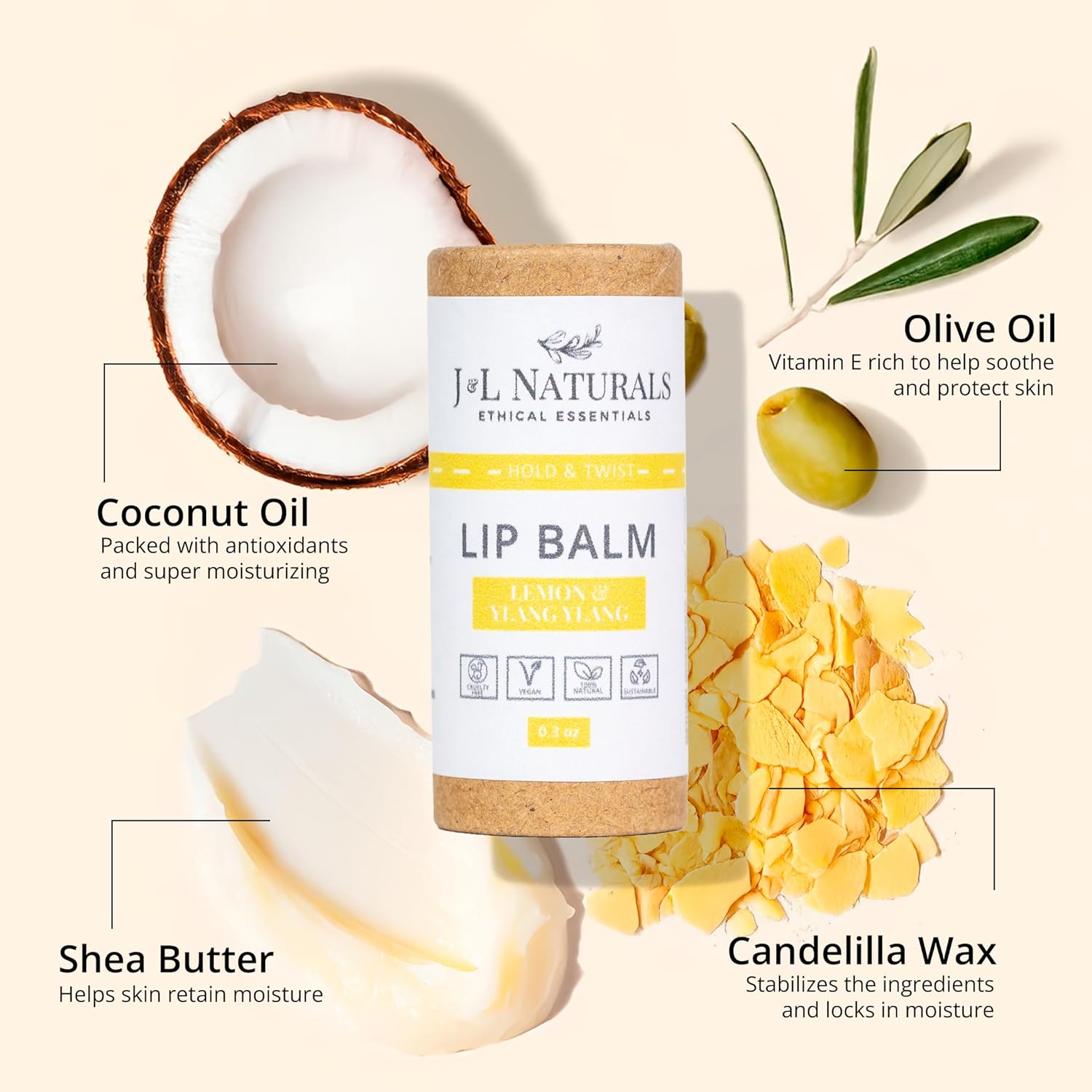 J&L Naturals Sustainable Lip Balm | Organic Ingredients, 100% Natural, Eco-Friendly | Cruelty Free, Vegan, Paraben Free, Silicone Free (Lemon & Ylang Ylang, 5-Piece Bundle)