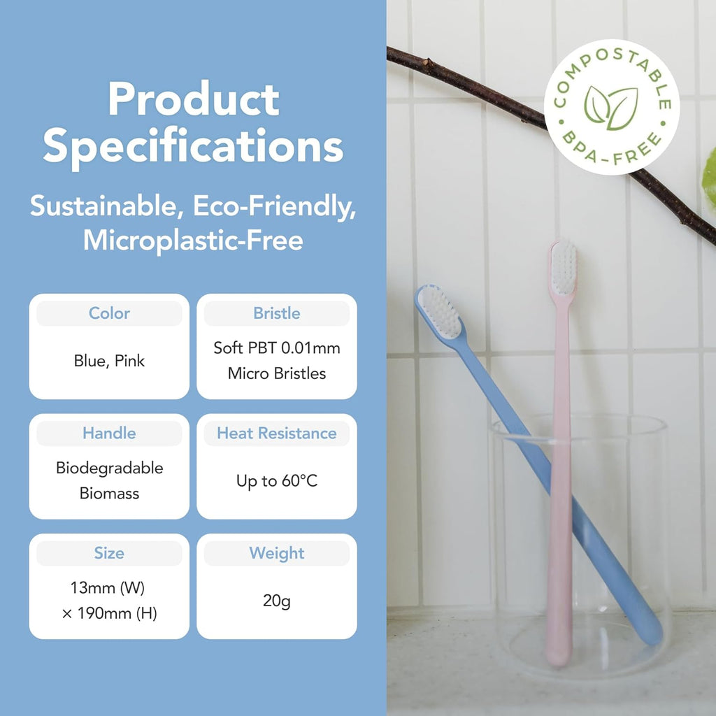 Reseio Eco Toothbrush Set with 3 Replaceable HeadsㅣSoft BristlesㅣPlastic-FreeㅣBPA-FreeㅣSustainable Oral CareㅣTravel Pouch Included - Blue