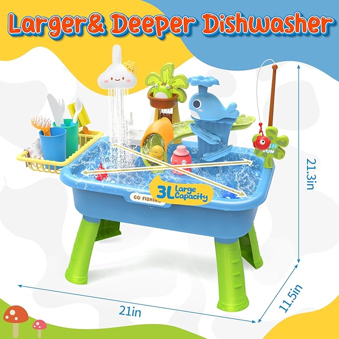 21" H Play Sink with Running Water, 4-in-1 Kids Kitchen Sink Toy with Electric Faucet, Mini Water Table with Detachable Legs, Fishing Game, Pretend Play Dishwasher Gift Set for Boys & Girls(Blue)