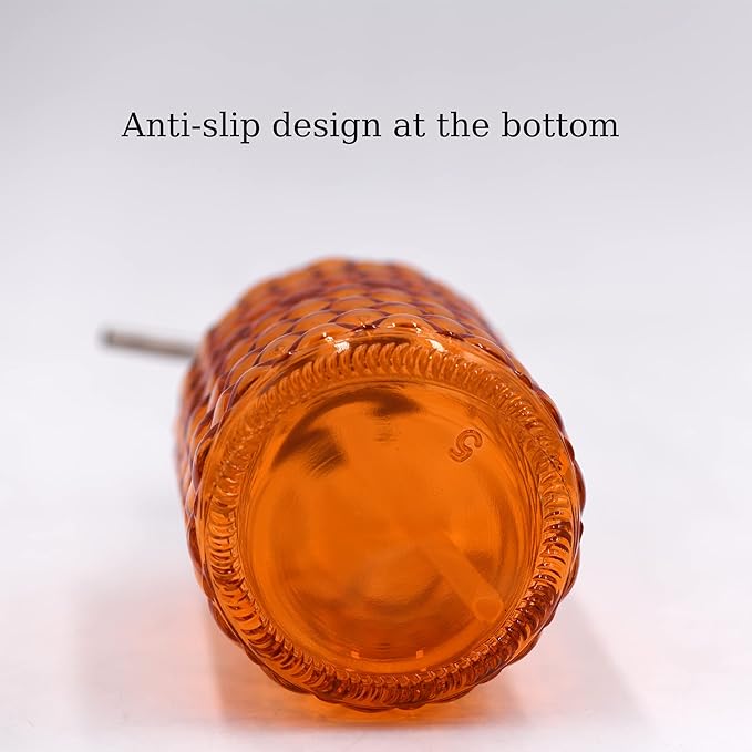 16 oz Diamond Pattern Glass Soap Dispenser, Kitchen and Bathroom Refillable Soap Dispenser with Rust Resistant Stainless Steel Pump for Hand Soap, Lotion Glass Liquid Dispenser (Orange-2pack)