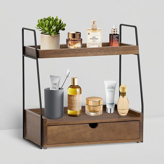 2-Tier Bathroom Organizer Countertop with Drawer, Wood Counter Organizer for Bathroom Decor, Sink Shelf for Vanity Storage, Makeup Tray for Perfume Skincare Bedroom Kitchen Corner