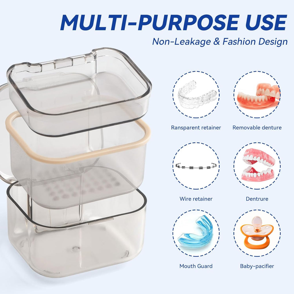 Retainer Case Box, Denture Case with Lid, Denture Cup for Partial Dentures,Mouth Guard&braces,Dentures Soaking Container Storage for Travel (Black)
