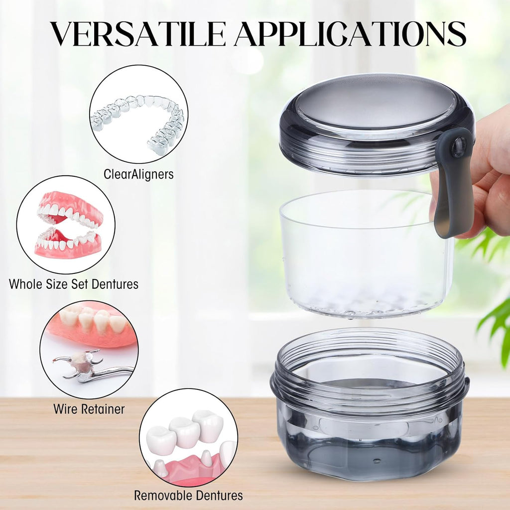 Sieral 6 Pcs Denture Case, Leak Proof Denture Bath Cup for Travel, False Teeth Container Cups for Soaking Full & Partial Dentures, Retainers, False Teeth Cleaning Kit Holder Box with Cleaner Brush