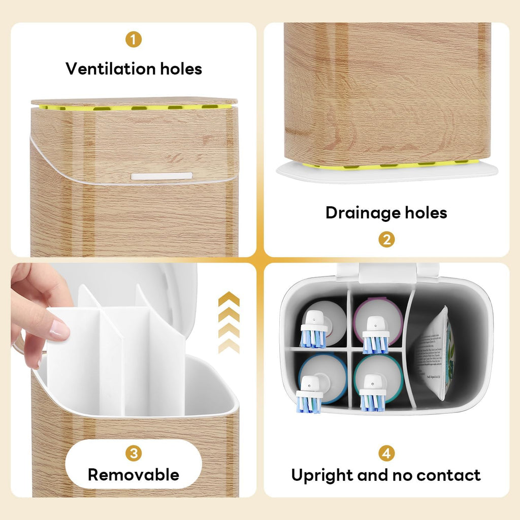 Toothbrush Holders with Cover - Electric Toothbrush Length Less Than 9 inches, 5 Slots Tooth Brush Holder for Bathroom, Detachable Toothpaste Holder Bathroom Organizers with Drainage, Wood