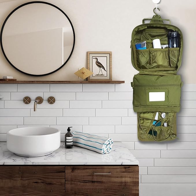 SMONT Toiletry Bag for Men Travel Toiletry Organizer Dopp Kit Organizer Toiletries Travel Bag Shaving Hygiene Bag Bathroom Hanging Men's Toiletry Bag for Short Trips Army Green